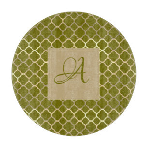Planche À Découper Monogram Green Gold Quatrefoil Mariage des jeunes