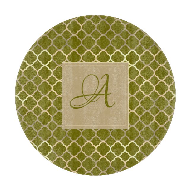 Planche À Découper Monogram Green Gold Quatrefoil Mariage des jeunes  (Devant)