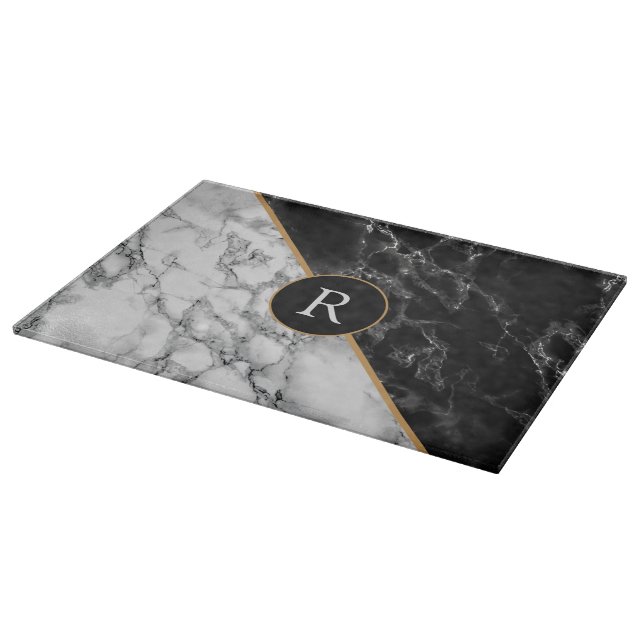Planche À Découper Monogram Letter Cutting Board Black White Marble (Coin)