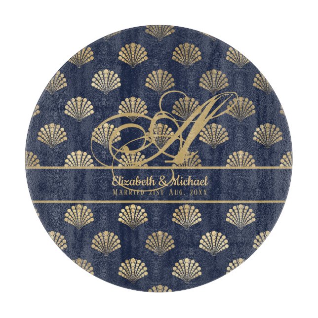 Planche À Découper Monogramme ART Déco Marine Blue Gold Shells Newlyw (Devant)