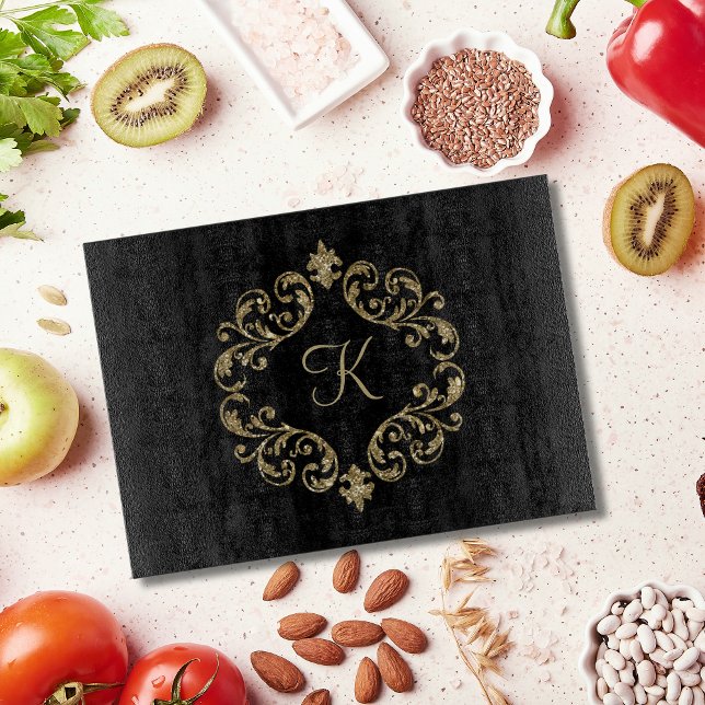 Planche À Découper Monogramme Black Gold Parties scintillant tendance (Black Gold Glitter Monogrammed Initial Cutting board. Bridal Shower Wedding Gift idea)