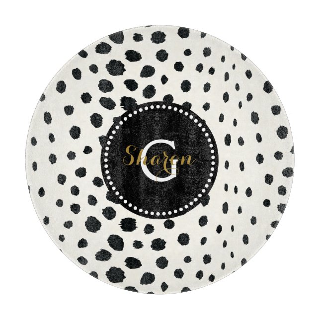 Planche À Découper Monogramme blanc noir chic de motif d'impression (Devant)