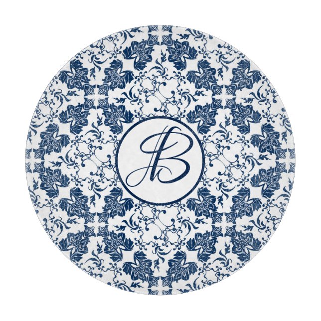 Planche À Découper Monogramme Bleu et Blanc Anglais Campagne (Devant)