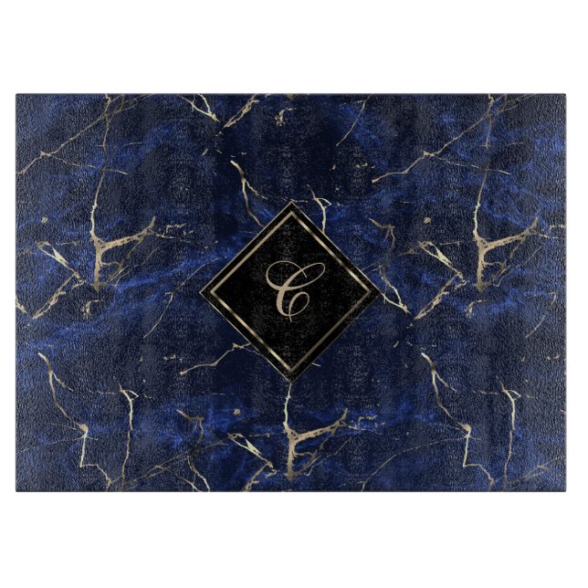 Planche À Découper Monogramme Bleu Marbre Cutting Board (Devant)
