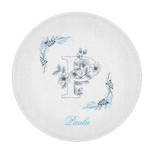 Planche À Découper Monogramme bleu "P" floral calme initial