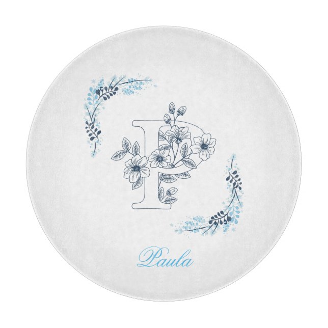 Planche À Découper Monogramme bleu "P" floral calme initial (Devant)