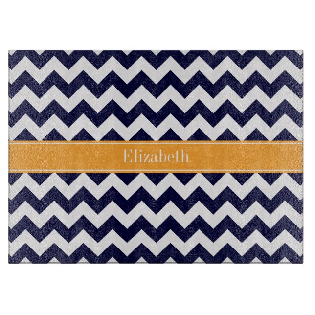 Planche À Découper Monogramme Cantaloupé Bleu Marine Blanc Chevron (Devant)