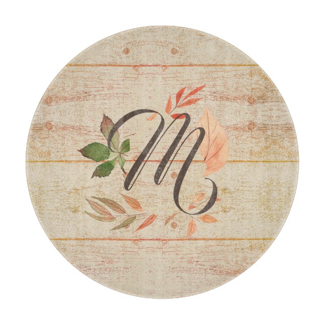 Planche À Découper Monogramme de feuilles d'automne rustique (Devant)