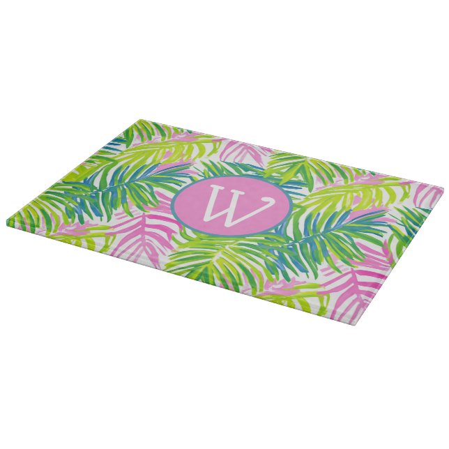 Planche À Découper Monogramme de feuilles de palmier rose et vert Pré (Coin)