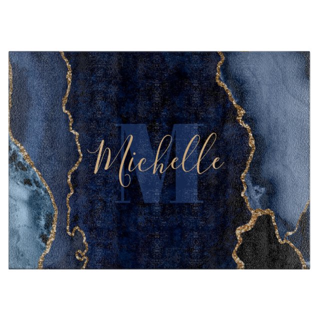 Planche À Découper Monogramme de marbre d'agate pailleté bleu marine  (Devant)