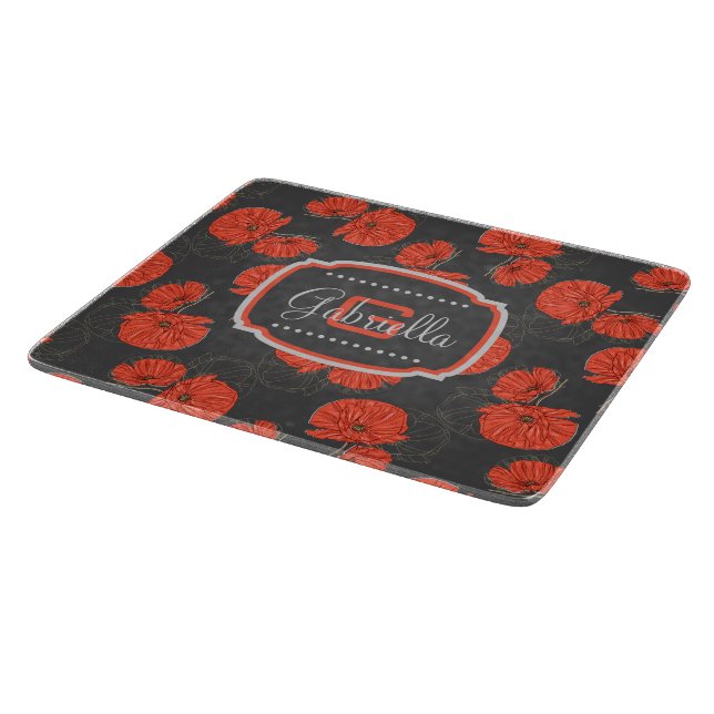 Planche À Découper Monogramme de Motif moderne Red Poppy sur Slate Gr (Coin)