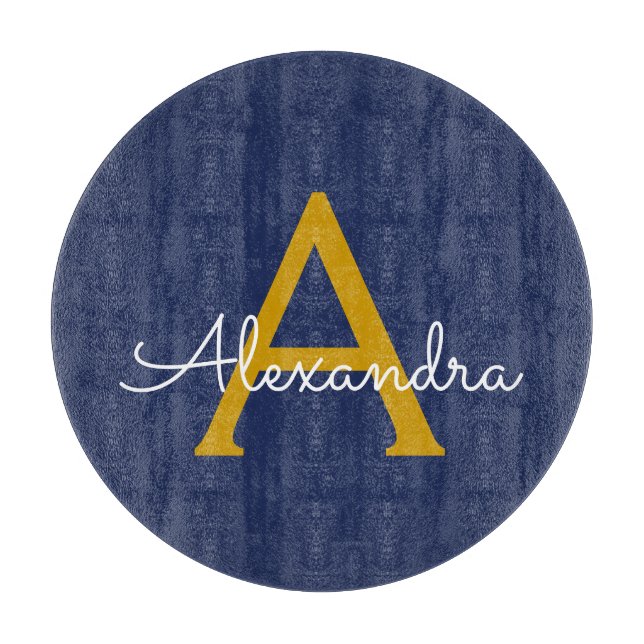 Planche À Découper Monogramme de nom de style script moderne bleu mar (Devant)