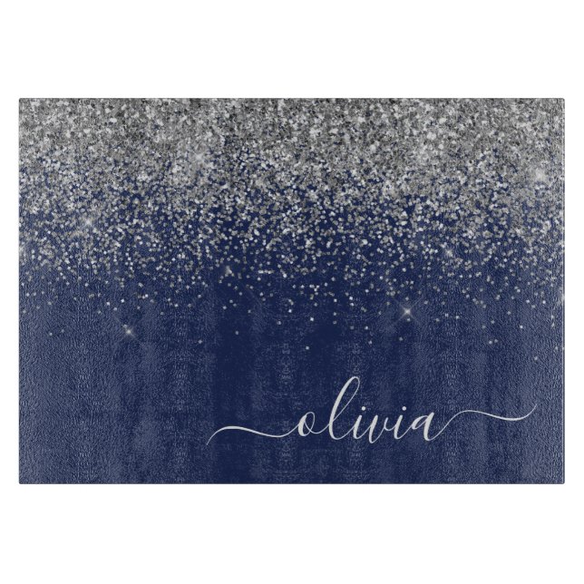 Planche À Découper Monogramme de nom pailleté bleu marine argenté fém (Devant)