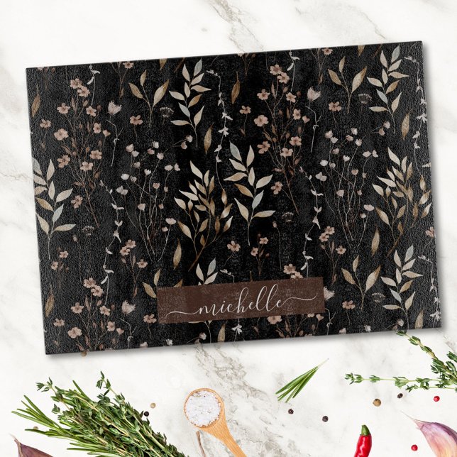 Planche À Découper Monogramme Delicate Aquarelle Fleurs séchées Feuil (In situ)