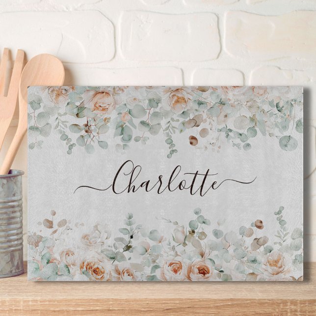 Planche À Découper Monogramme Élégant Floral de Rose Rustique de Verd (In situ)