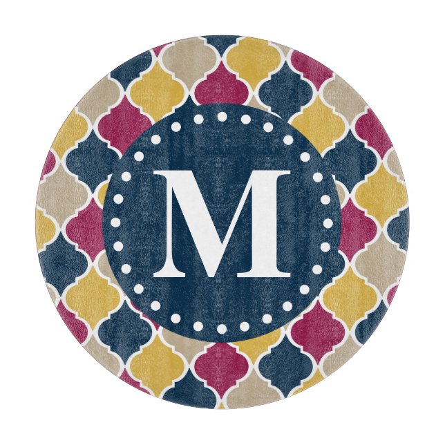 Planche À Découper Monogramme en lattice marocain Fuchsia Navy (Devant)
