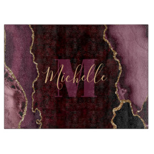Planche À Découper Monogramme en marbre d'agate rouge burgundy et pai