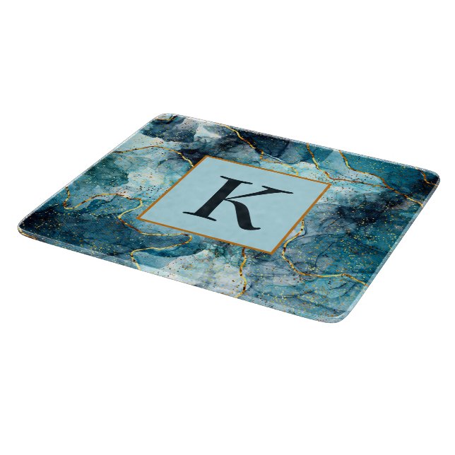 Planche À Découper Monogramme en marbre pailleté bleu et or (Coin)