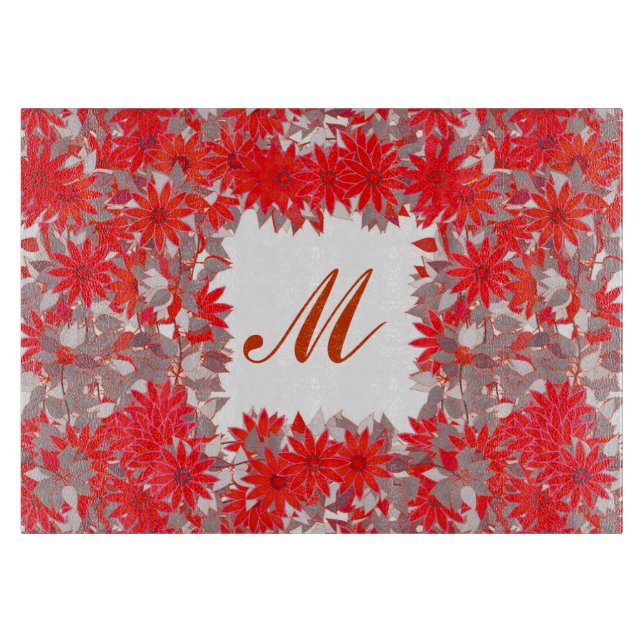 Planche À Découper Monogramme encadré de fleurs - rouge et gris (Devant)