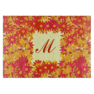 Planche À Découper Monogramme encadré de fleurs - rouge et or
