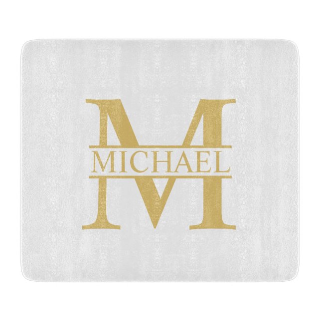 Planche À Découper Monogramme et nom personnalisé blanc et or (Devant)