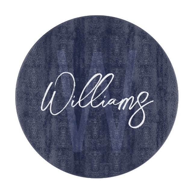 Planche À Découper Monogramme et nom personnalisés de Navy Blue Scrip (Devant)