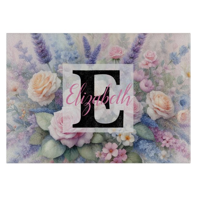 Planche À Découper Monogramme et nom sur Fleurs à l'aquarelle en past (Devant)