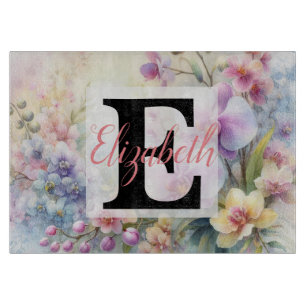 Planche À Découper Monogramme et nom sur Fleurs à l'aquarelle en past