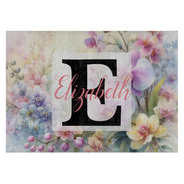 Planche À Découper Monogramme et nom sur Fleurs à l'aquarelle en past (Devant)