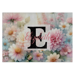 Planche À Découper Monogramme et nom sur Fleurs à l'aquarelle en past