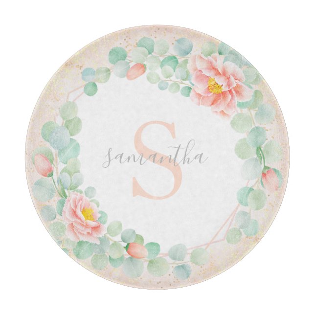 Planche À Découper Monogramme Eucalyptus Feuille pivoine pêche floral (Devant)