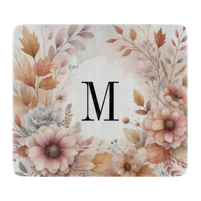 Planche À Découper Monogramme Feuilles de automne et fleurs aquarelle (Devant)