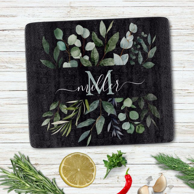 Planche À Découper Monogramme feuilles de verdure d'eucalyptus vert s (In situ)