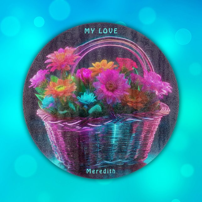 Planche À Découper Monogramme Fleurs de couleurs vives dans un panier (Créateur téléchargé)