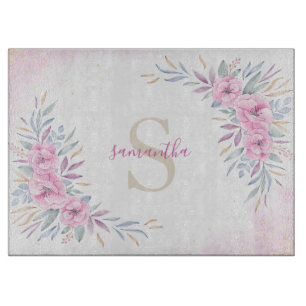 Planche À Découper Monogramme Fleurs rose pâle Aquarelle Élégante
