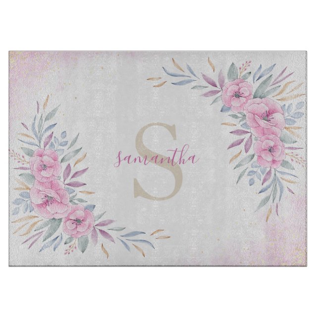 Planche À Découper Monogramme Fleurs rose pâle Aquarelle Élégante (Devant)