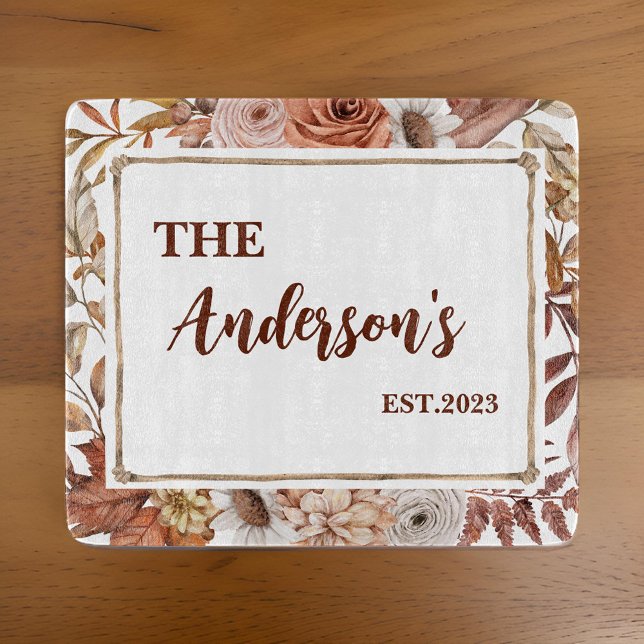 Planche À Découper Monogramme Floral Boho Rustique Personnalisé (Créateur téléchargé)