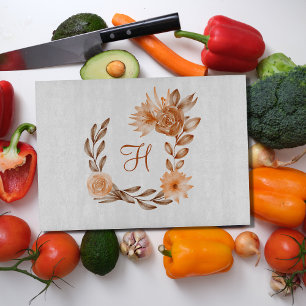 Planche À Découper Monogramme Marron Pêche Floral Automne Couleurs d'