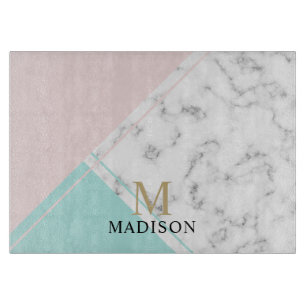 Planche À Découper Monogramme moderne élégant en marbre rose turquois