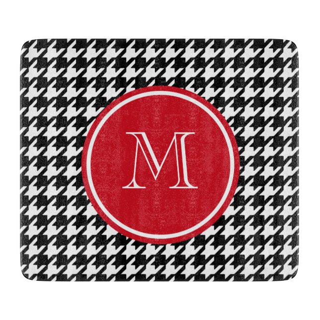 Planche À Découper Monogramme noir et blanc de rouge de pied-de-poule (Devant)