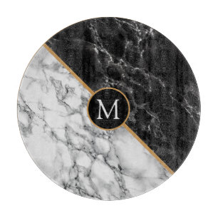 Planche À Découper Monogramme - Noir et Marbre blanc