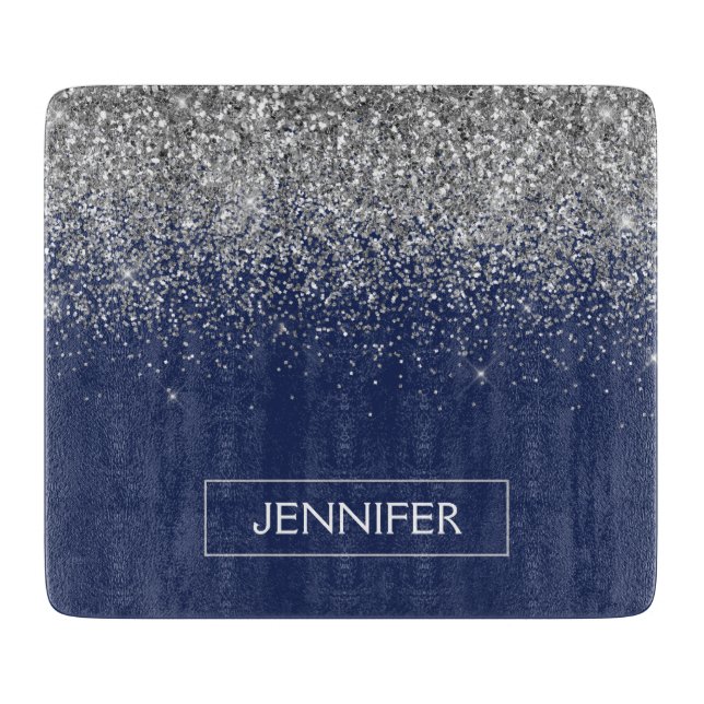 Planche À Découper Monogramme Nom Paillettes Bleu Marine Argenté Fill (Devant)