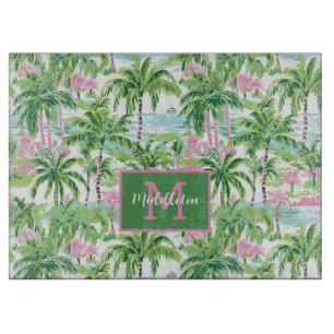 Planche À Découper Monogramme Palmiers Tropicaux Rose et Vert Prépa