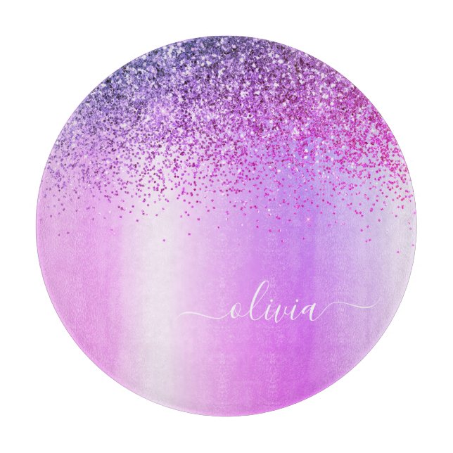 Planche À Découper Monogramme Script violet Parties scintillant noire (Devant)