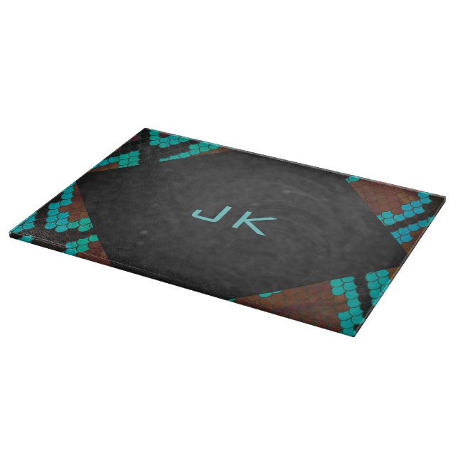 Planche À Découper Monogramme serpent impression Brown et Turquoise (Coin)