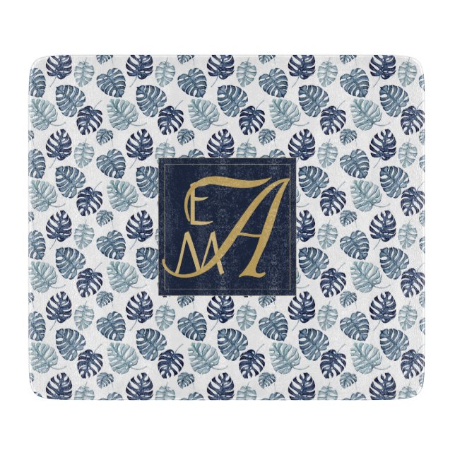 Planche À Découper Monogramme Tropical Palm Navy Blue Gold Mariage (Devant)