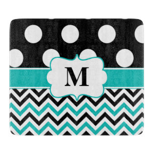 Planche À Découper Monogramme turquoise noir de Chevron de pois