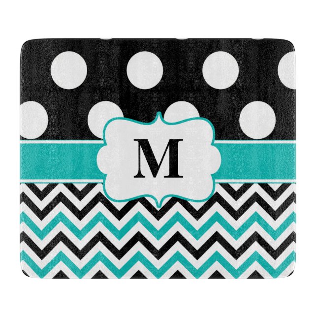 Planche À Découper Monogramme turquoise noir de Chevron de pois (Devant)