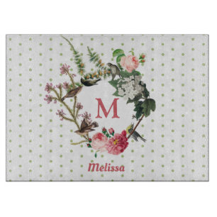 Planche À Découper Monogramme Vintage Floral et Pois de couronne d'oi