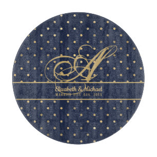 Planche À Découper Monorgam Navy Blue Gold Polkadot Newlywes Mariage